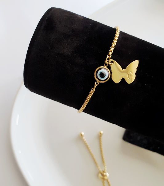 Adjustable Evil Eye Initial Butterfly Bracelet